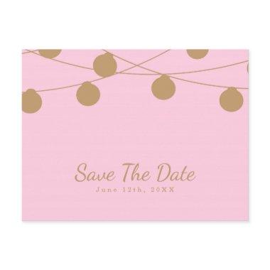 Pink & Gold Modern String Lights Save The Date Announcement PostInvitations