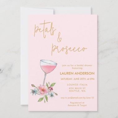 Pink & gold Petals and Prosecco Bridal Shower Invitations