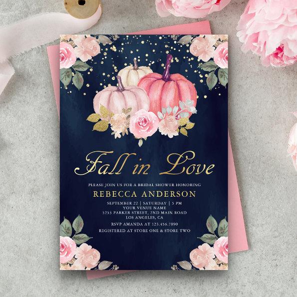 Pink Gold Pumpkin Floral Navy Blue Bridal Shower Invitations