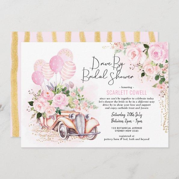Pink Gold Roses Retro Car Drive By Bridal Shower Invitations