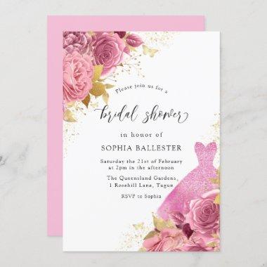 Pink & Gold Sparkle Dress Roses Bridal Shower Invitations