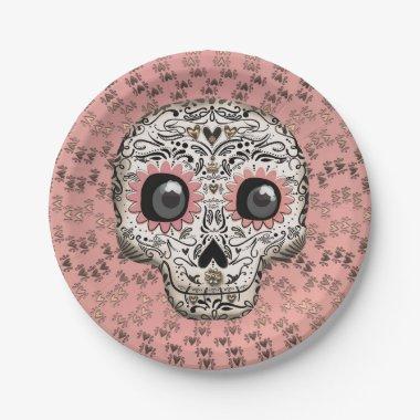 Pink & Gold Sugar Skull Whimsical Cute Party Paper Plates