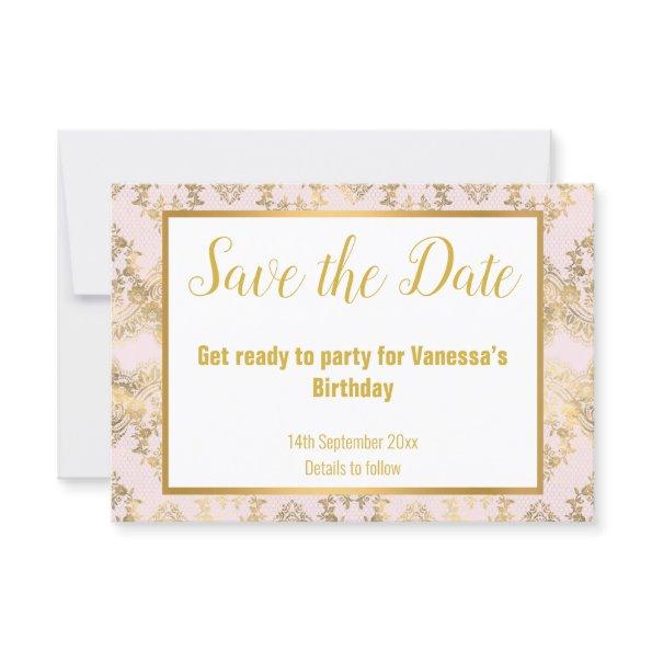 PINK GOLD VICTORIAN ELEGANT SAVE THE DATE RSVP CARD