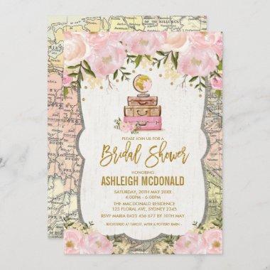 Pink Gold Vintage Travel Map Floral Bridal Shower Invitations