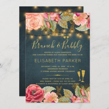 Pink gold watercolor roses navy brunch and bubbly Invitations