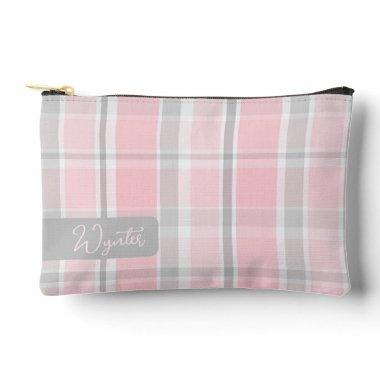 Pink Gray Plaid with name Accessory Pouch