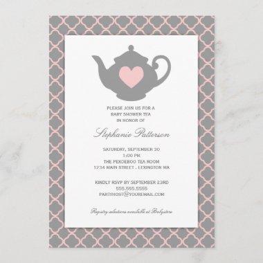 Pink + Gray Quatrefoil Baby Shower Tea Party Invitations