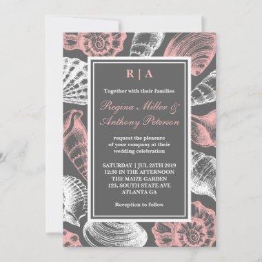 Pink Gray White Seashells Beach Wedding Invitations