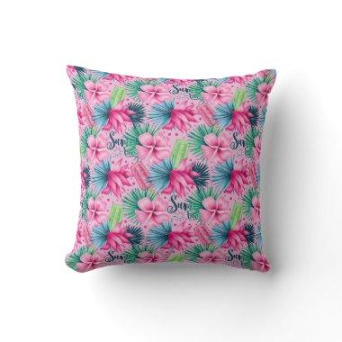 Pink Green Blue Flowers Floral Bright Tropical Throw Pillow