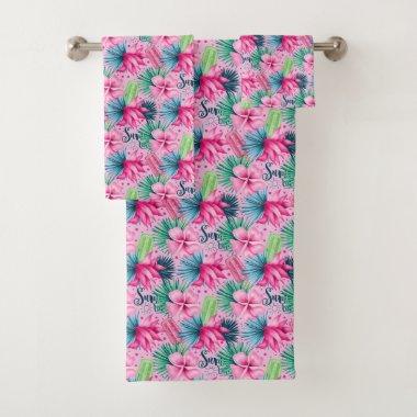 Pink Green Blue Tropical Summer Floral Flowers Bath Towel Set