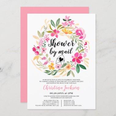 Pink green floral wreath watercolor shower by mail Invitations