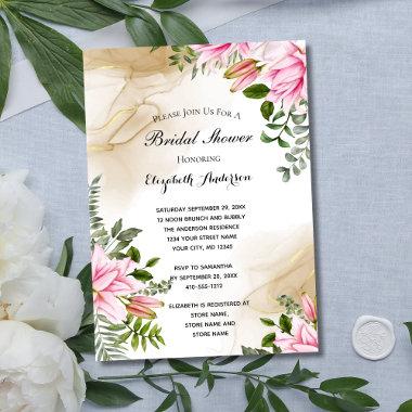 Pink Green Gold Floral Elegant Bridal Shower Invitations