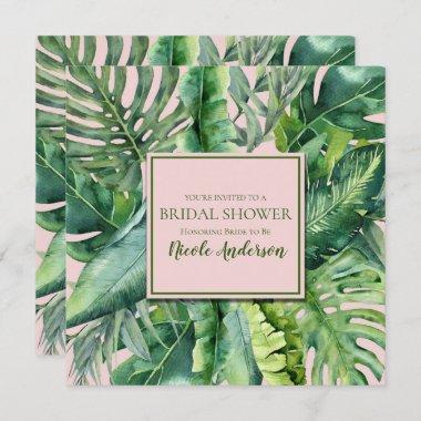 Pink & Green Tropical Leaves Bridal Shower Invitations