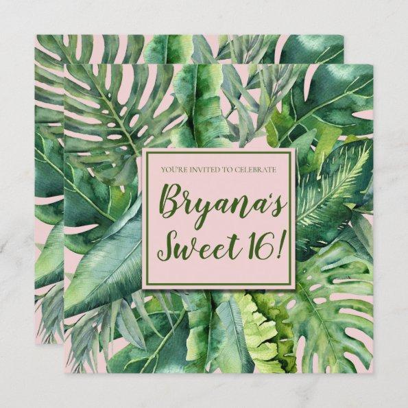 Pink & Green Tropical Leaves Sweet 16 Party Invitations