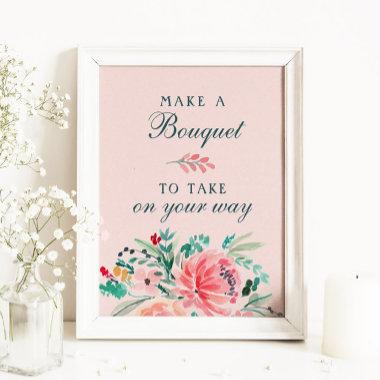 Pink Green Watercolor Floral Bouquet Favor Sign