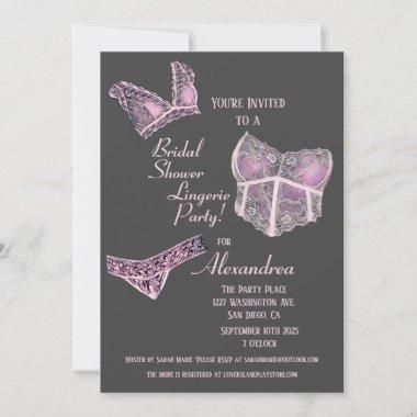 Pink Grey Bridal Shower Lingerie Party Invitations