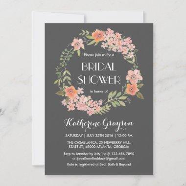 Pink Grey Flower Wreath Bridal Shower Invitations