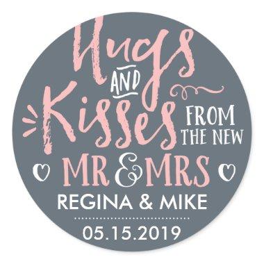 Pink Grey Hugs and Kisses From The New Mr and Mrs Classic Round Sticker