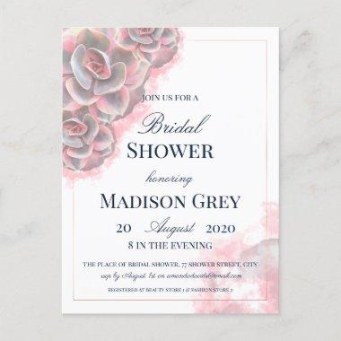 Pink & Grey Watercolor Succulents Bridal Shower Invitation PostInvitations