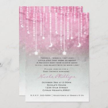 Pink Grey White Moon & Stars Celestial Baby Shower Invitations