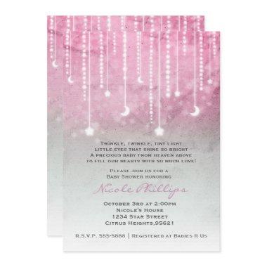 Pink Grey White Moon & Stars Celestial Baby Shower Invitations