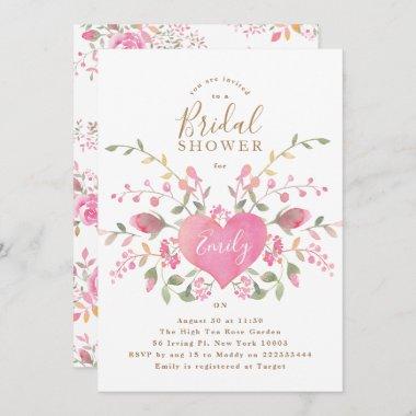 Pink Heart and Flowers Bridal Shower Invitations