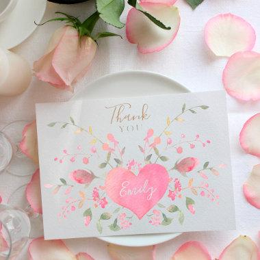 Pink Heart and Flowers Bridal Shower Thank You Invitations