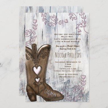 Pink Heart Cowgirl MRS Cowgirl Boots Bridal Shower Invitations