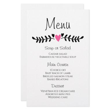 Pink Hearts Black White Laurel Boho Wedding Menu