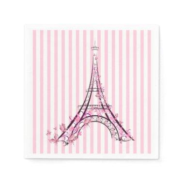 Pink Hearts & Butterflies Paris Eiffel Tower Party Napkins