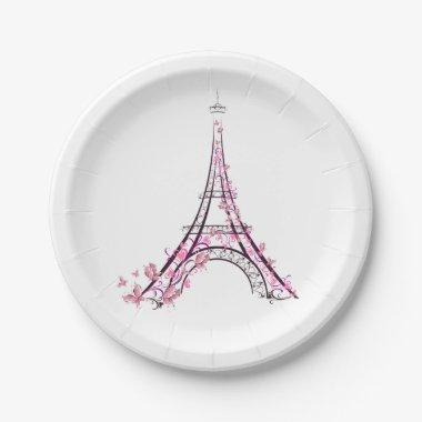 Pink Hearts & Butterflies Paris Eiffel Tower Party Paper Plates