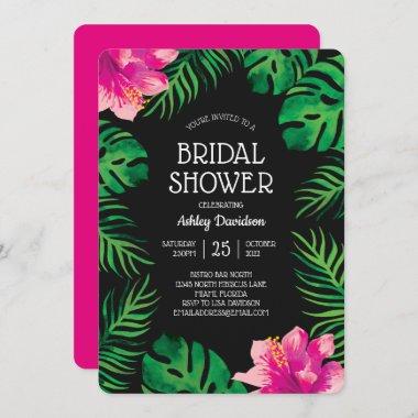 Pink Hibiscus and Tropical Leaves 2 Bridal Shower Invitations