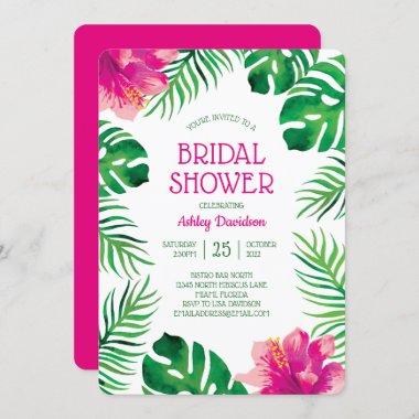 Pink Hibiscus and Tropical Leaves Bridal Shower Invitations