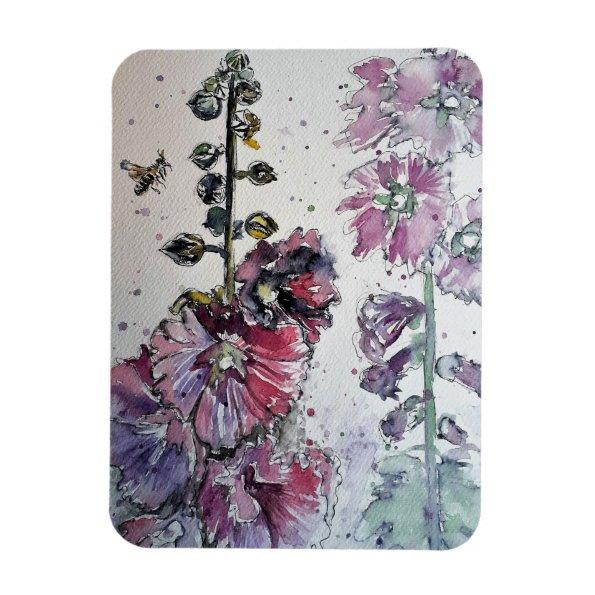 Pink Hollyhock Floral Flowers Watercolor Magnet