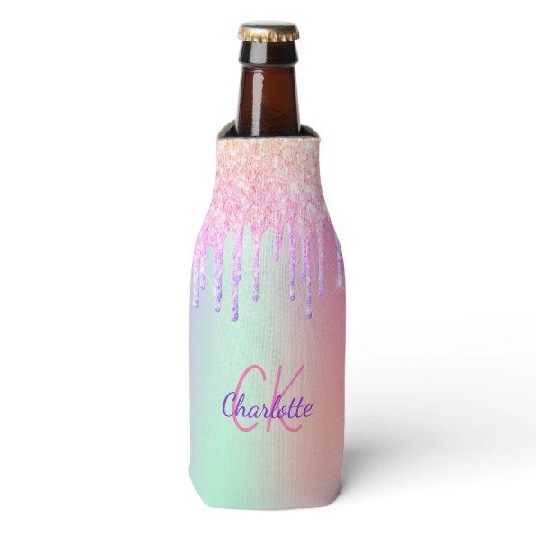 Pink holographic drips monogram bottle cooler