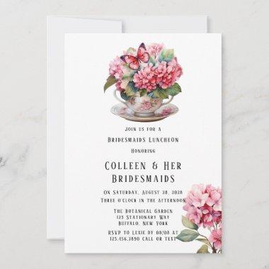Pink Hydrangea Floral Butterfly Bridesmaids Lunch Invitations