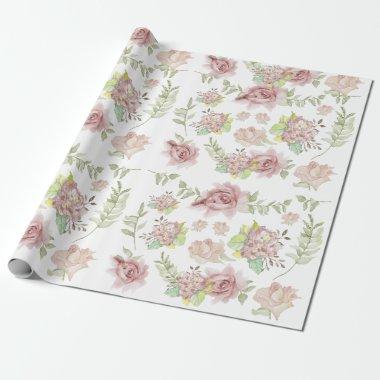 Pink Hydrangea Floral Watercolor Blush Roses Sage Wrapping Paper