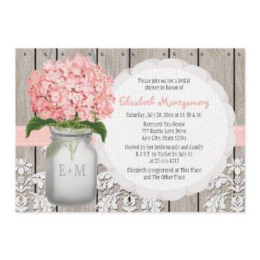 Pink Hydrangea Monogrammed Mason Jar Bridal Shower Invitations