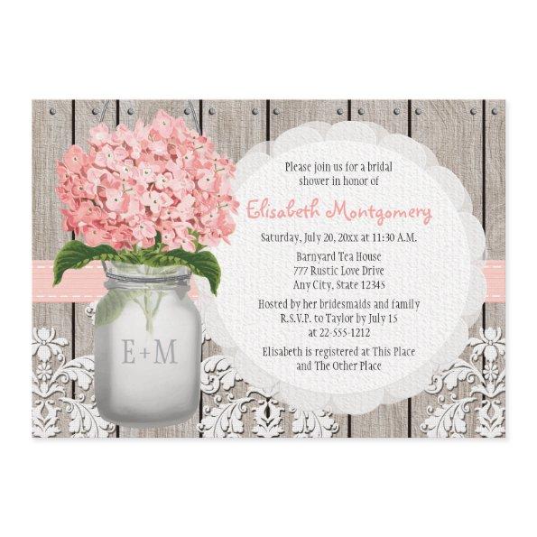 Pink Hydrangea Monogrammed Mason Jar Bridal Shower Invitations