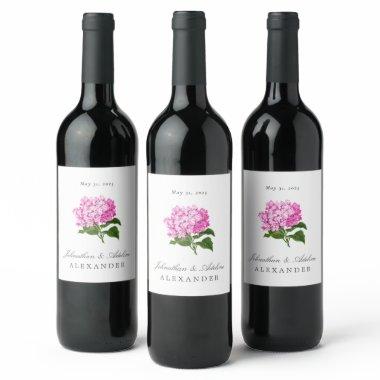 Pink Hydrangea Wedding Date and Names Wine Label