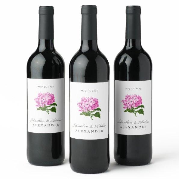 Pink Hydrangea Wedding Date and Names Wine Label