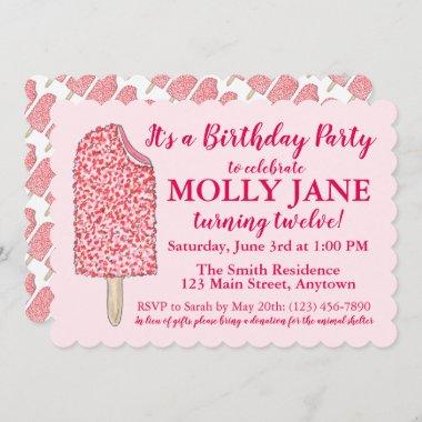 Pink Ice Cream Popsicle Birthday Party Shower Invitations