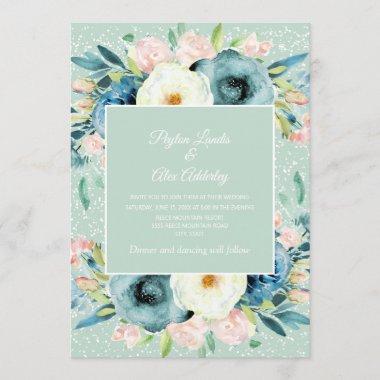 Pink Ivory Cream Floral Stardust Mint Wedding Invitations