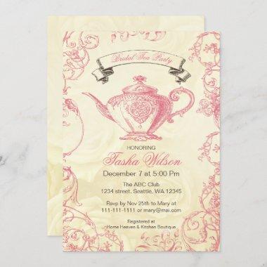 Pink Ivory Roses vintage Bridal Tea Party Invitations