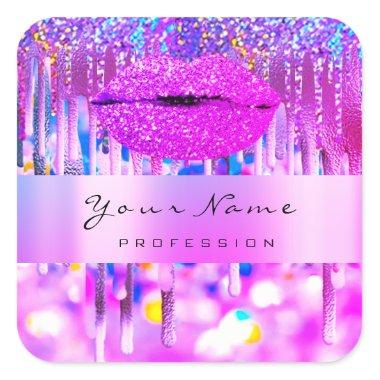 Pink Kiss Lips Glitter Holographic Business Thank Square Sticker
