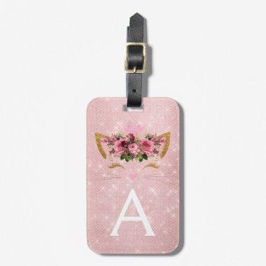 Pink Kitty Sparkle Princess Monogram Name Luggage Tag