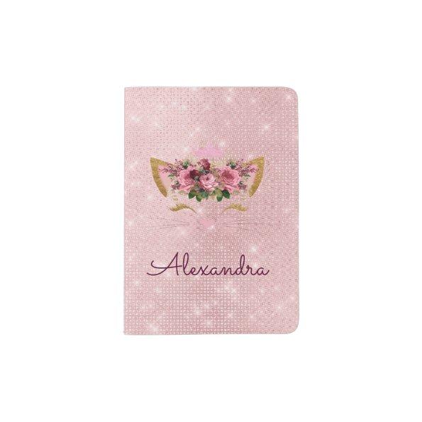 Pink Kitty Sparkle Princess Monogram Name Passport Holder