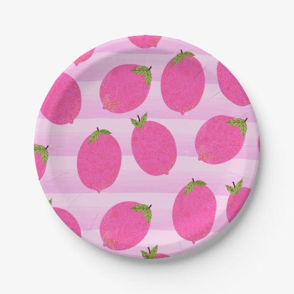 Pink Lemons Lemonade Summer Fruit Watercolor Party Paper Plates