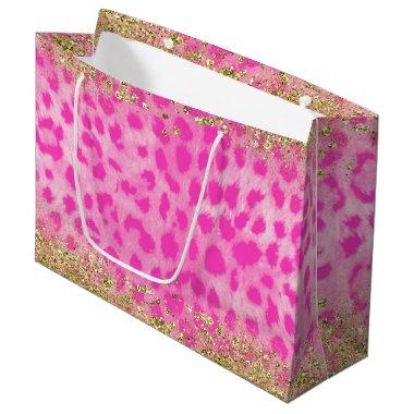 Pink Leopard Cheetah Animal Gold Glitter Trendy Large Gift Bag