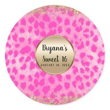 Pink Leopard Cheetah Print Gold Glitter Monogram Classic Round Sticker